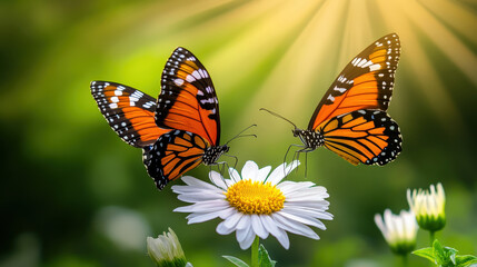 Obraz premium Two butterflies fluttering around flower, showcasing their vibrant orange wings in serene garden setting. sunlight enhances beauty of nature