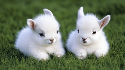 Two adorable white baby goats resting on green grass.