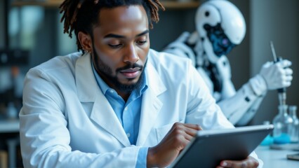 Fototapeta premium The image shows a young African-American man with dreadlocks sitting at a desk in a laboratory. He is wearing a white lab coat and is holding a tablet in his hands.