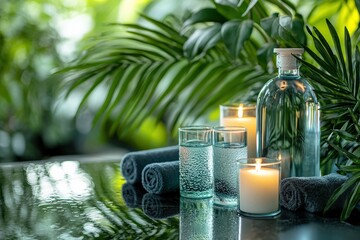 A serene spa scene featuring glass containers, candles, and towels surrounded by lush greenery, evoking relaxation and tranquility.