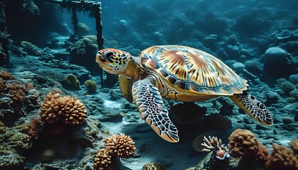 Fototapeta premium Swimming sea turtle in vibrant coral reef underwater ocean scene marine life photography tropical environment close-up perspective nature conservation