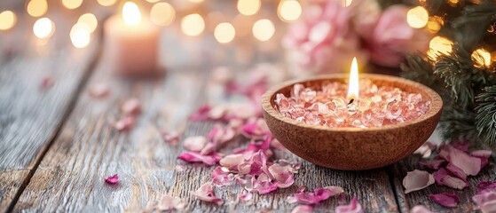 A serene scene featuring a lit candle in a bowl surrounded by flower petals, creating a peaceful and romantic ambiance.