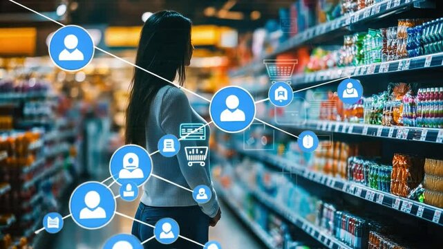 Smart Shopping: Woman in Supermarket with Digital Overlay 