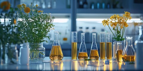 A vibrant laboratory scene with glassware containing yellow liquids, surrounded by fresh flowers, showcasing a blend of nature and science.