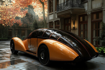 Futuristic car concept based on art deco aesthetic. Time warp and retrofuturism elements.