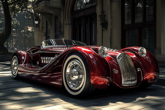 Futuristic car concept based on art deco aesthetic. Time warp and retrofuturism elements.