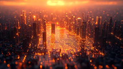 Fototapeta premium Futuristic city at sunset, glowing buildings and circuit board design.