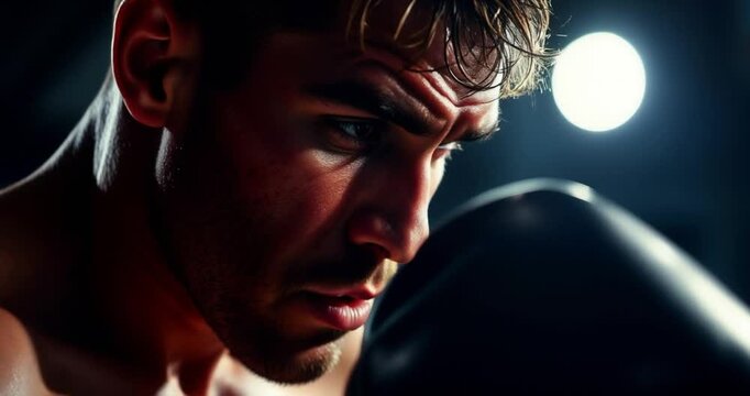 Intense dramatic lighting, tight close-up shot of a male boxer in training, detailed focus, high contrast, creating visual tension, showcasing sweat and exertion on his face.