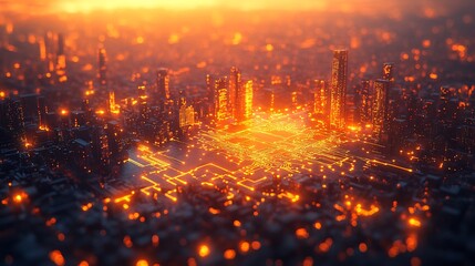 Naklejka premium Futuristic city built on a glowing circuit board at sunset.