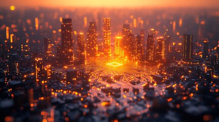 Obraz premium Futuristic city built on a microchip at sunset.