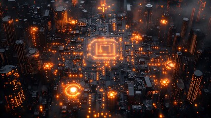 Fototapeta premium Futuristic city built on circuit board with glowing lights.