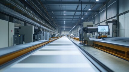 Obraz premium A busy billboard production line, showing panels moving along conveyor belts, with large machines cutting and printing them, in a spacious, industrial factory.
