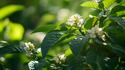 Obraz premium Delicate white flowers bloom amidst lush green leaves