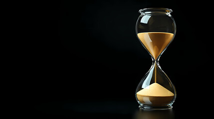 Transparent hourglass on dark background, timeless elegance, sand flowing, minimalist design. Chronos. Illustration