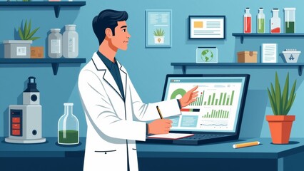 The image shows a young man in a white lab coat standing in front of a desk with a laptop. He is holding a pen and appears to be working on a project.