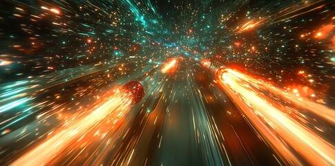 A vibrant depiction of space travel with colorful light trails and starry backgrounds.