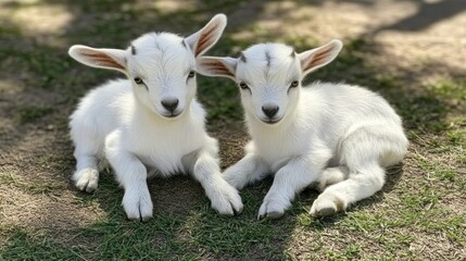 Obraz premium Two adorable white baby goats sitting together outdoors.