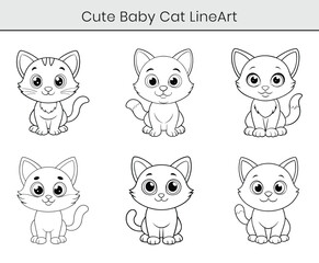 A cute kitten outline cartoon vector. Cute baby cat flat illustration on white background