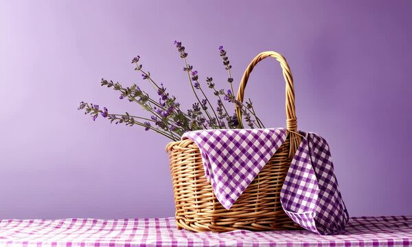 Wicker basket filled with lavender on purple checkered cloth