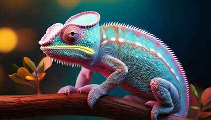 Fototapeta premium round chameleon sitting on a glowing twig, with soft 