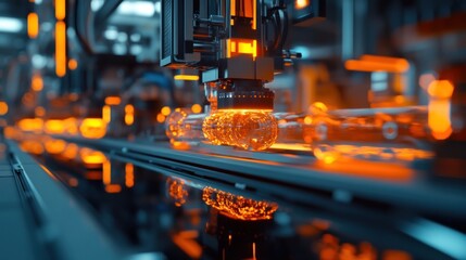 Fototapeta premium A close-up of a glass production line where molten glass is being shaped and molded by automated machines, with a clean, well-lit factory backdrop.