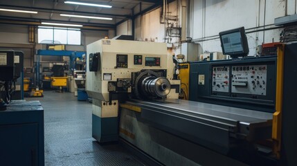 A CNC lathe machine in a factory setting, shaping a metal part with high precision, surrounded by modern machinery and a clean industrial environment.