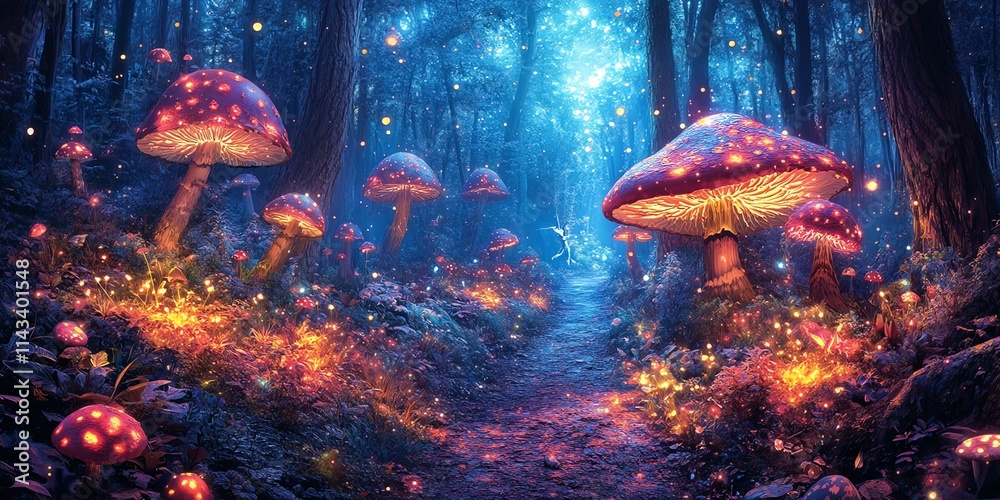 Aufkleber a magical forest path illuminated by glowing mushrooms and ethereal lights.