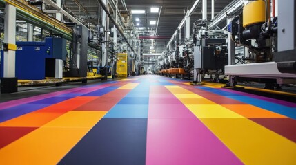 A colorful and efficient floor tile production line, with tiles in multiple bright colors being produced by high-tech machinery in a well-organized industrial setting.
