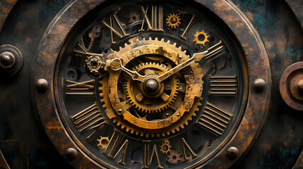 Fototapeta premium Old mechanical clock, clock face with gears, vintage object. Chronos. Illustration