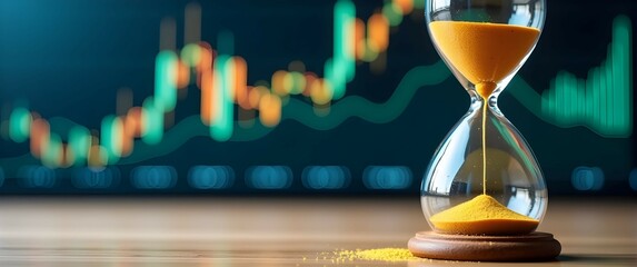 Time is Money: An hourglass against a backdrop of dynamic market trends.  Witness the relentless flow of time in the financial world.