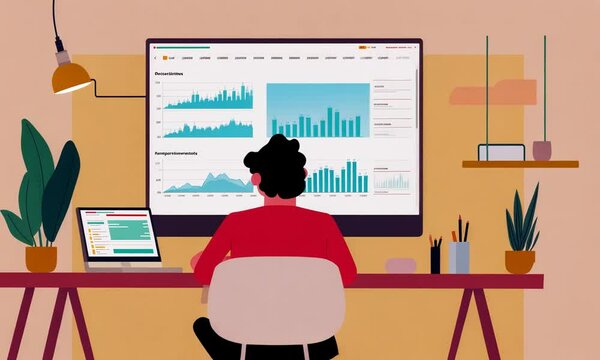 Person analyzing data on large computer screen at desk.