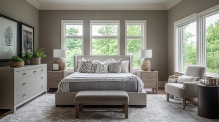 A cozy and modern bedroom featuring a large window, contemporary furniture, and soft, calming colors like grays and whites, offering a tranquil and stylish retreat.
