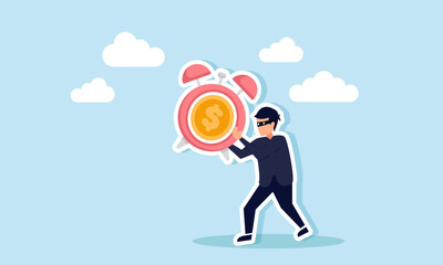 A thief walks carrying an alarm clock labeled with a dollar coin, illustration of fraud manipulating investment time schedules