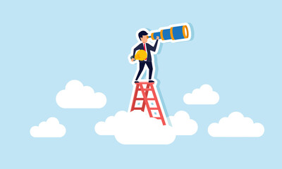 A businessman holds a lit lamp and peers ahead while climbing a ladder above the clouds, illustration of observing and analyzing trends in emerging business ideas and innovations