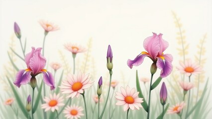 Fototapeta premium The image is a digital illustration of a field of pink and white daisies and purple irises. The background is a light green color with a hint of yellow, creating a soft and dreamy atmosphere.