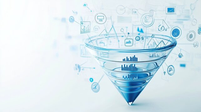 A conceptual image of a marketing funnel illustrated with steps and icons, on a clean, white background, emphasizing the clarity and effectiveness of a strategic marketin