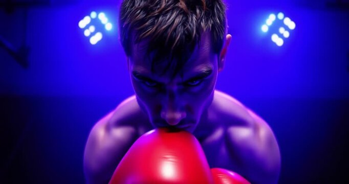 A high-angle perspective image of a male boxer in training, bathed in deep ultraviolet hues, vivid purples, and high contrast, looking downwards from an elevated viewpoint.
