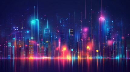Vibrant Futuristic City Skyline at Night with shiny and glowing neon lights, abstract ultra modern light effect of cityscape featuring sleek modern architecture illuminated by vibrant neon lights.
