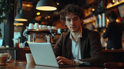 Fototapeta premium A close-up of a confident entrepreneur working intently on a laptop in a chic cafe. The ambiance is warm and inviting, with baristas in the background serving coffee, hig