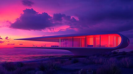 Futuristic oceanfront house at sunset.