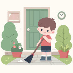 vector image of a small child sweeping
