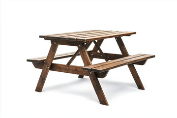 Wooden bench in public park in food zone, Selective focus picnic wooden table isolated on white background.