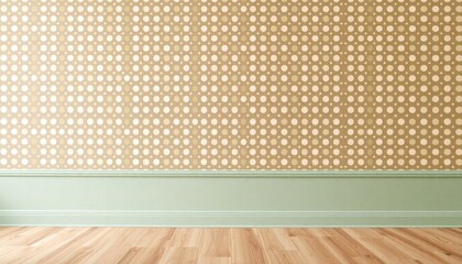 Retro Dots Living Room Wallpaper with polka dot patterns. The skirting boards are painted in mint green.