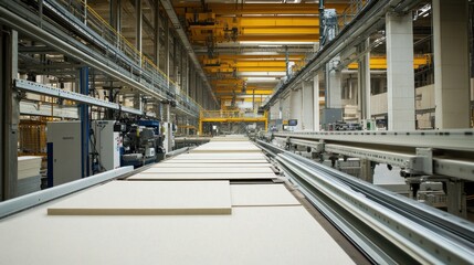 A detailed view of a gypsum board plant with large machines pressing and drying gypsum boards, with conveyor systems transferring the boards through various production stages.
