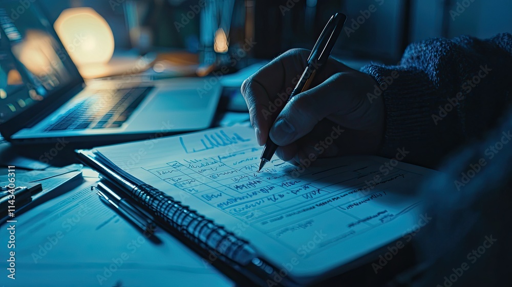 Poster A close-up of a hand writing risk factors on a notepad surrounded by financial reports and a laptop, emphasizing the importance of documenting assessments in a well-lit e