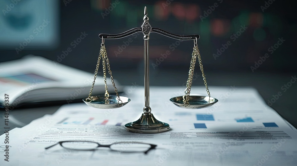 Poster an illustration showing a balanced scale with financial documents on one side and risk evaluation to