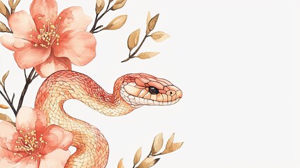 Obraz premium A colorful snake intertwined with delicate flowers, showcasing a blend of nature's beauty and wildlife in a harmonious design.