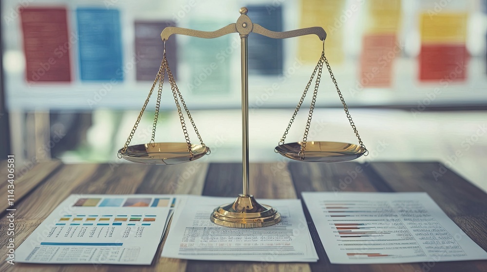 Poster an illustration showing a balanced scale with financial documents on one side and risk evaluation to