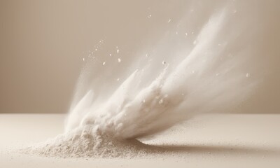 Powder Explosion: A dramatic, high-speed shot of a fine white powder exploding and scattering across a neutral background.