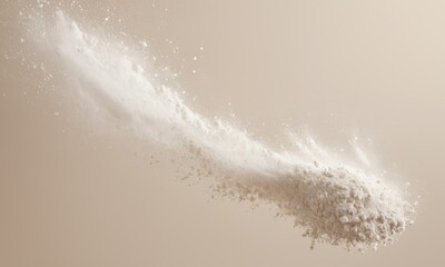 Flour Power: A dynamic burst of white flour explodes across a neutral background, creating an artistic and visually striking image.  Perfect for culinary, baking, and food-related projects. 